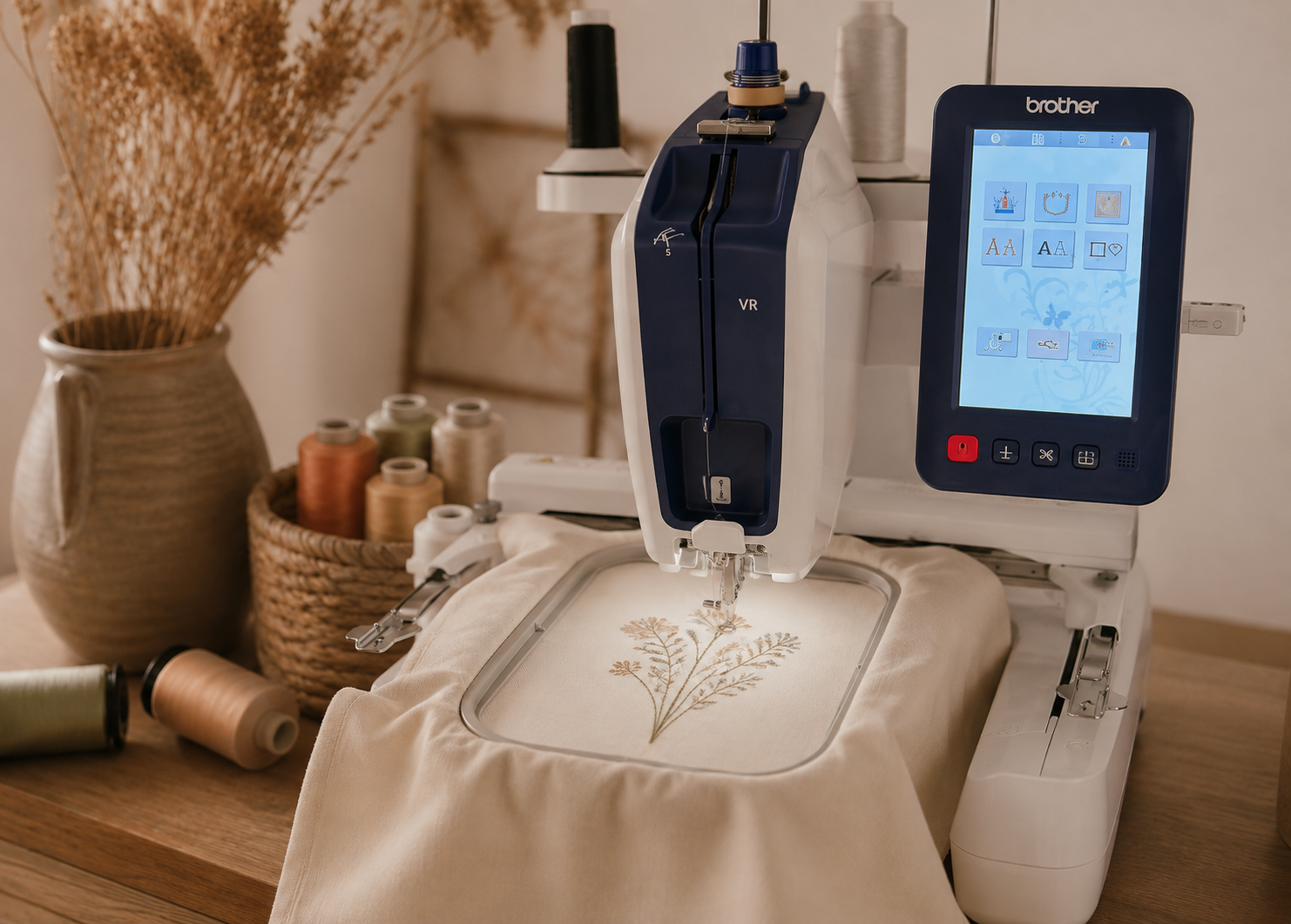 Brother VR single-needle embroidery machine stitching a delicate branch design onto cream fabric, with thread spools and dried grasses in the background
