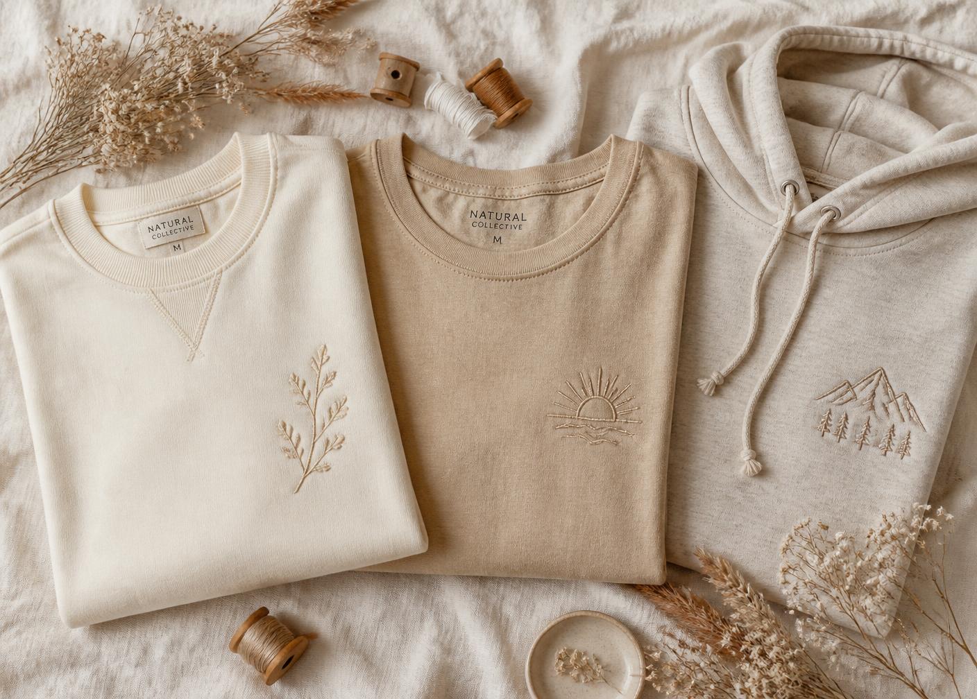 Three folded embroidered garments in cream, sand and oatmeal with small tonal designs