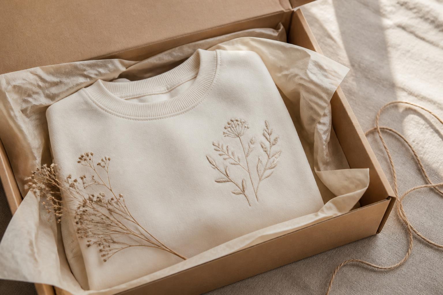 Embroidered cream sweatshirt folded in tissue paper inside recyclable postal packaging