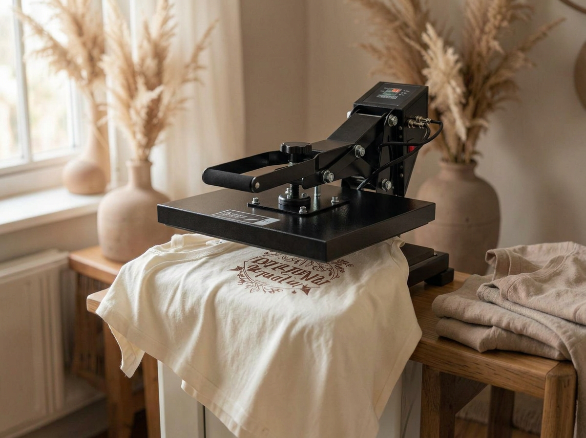 A heat press pressing a printed design onto a cream t-shirt in the SEAM DIFFERENT studio